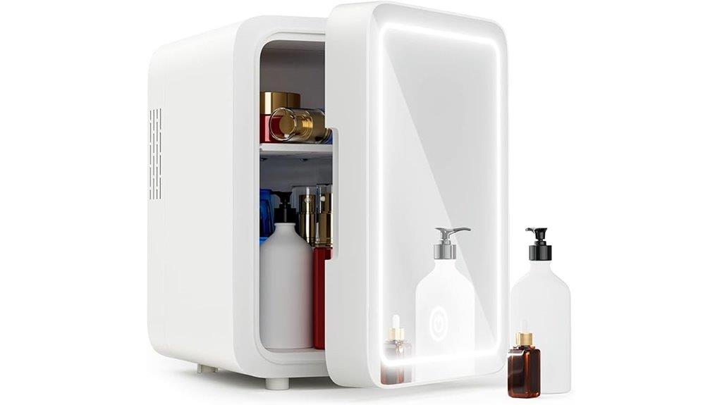 compact skincare fridge with mirror
