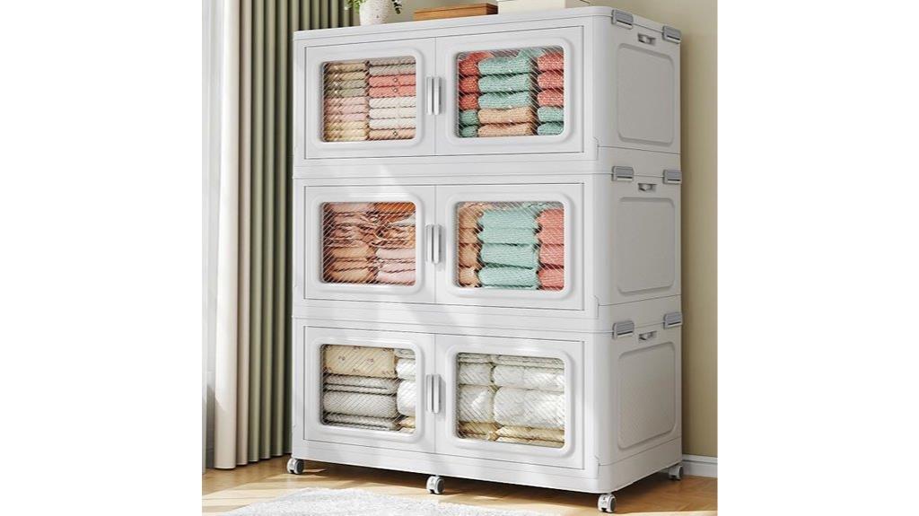three white stackable bins