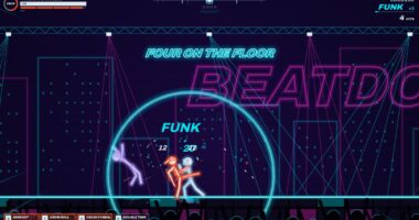 FOUR ON THE FLOOR banner over a neon fight with confetti and a shockwave