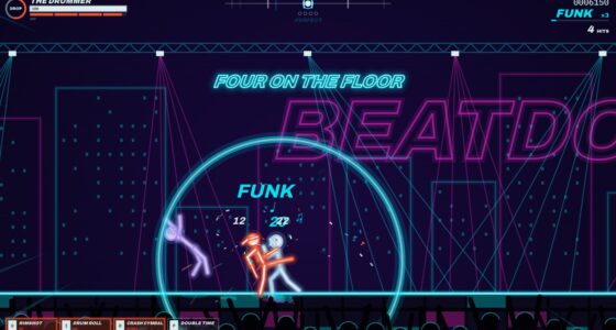 FOUR ON THE FLOOR banner over a neon fight with confetti and a shockwave