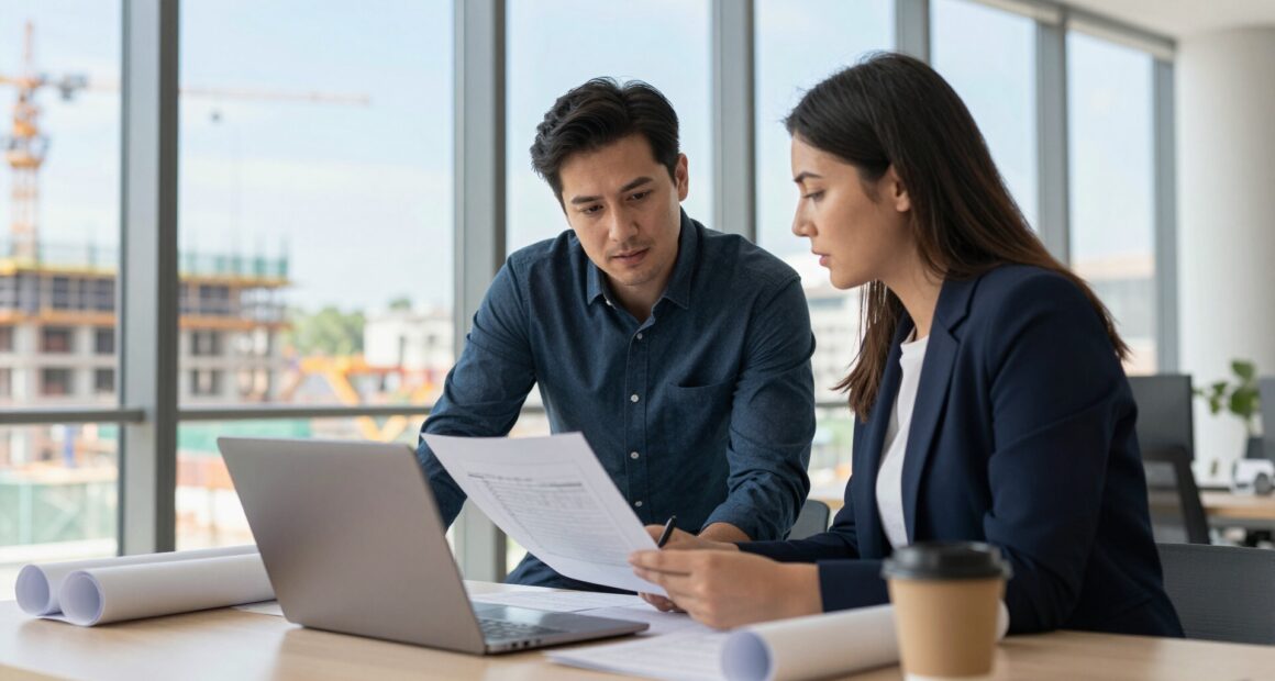 Two professionals discuss a printout next to a laptop in a site office, with a building shell and a crane visible through the window