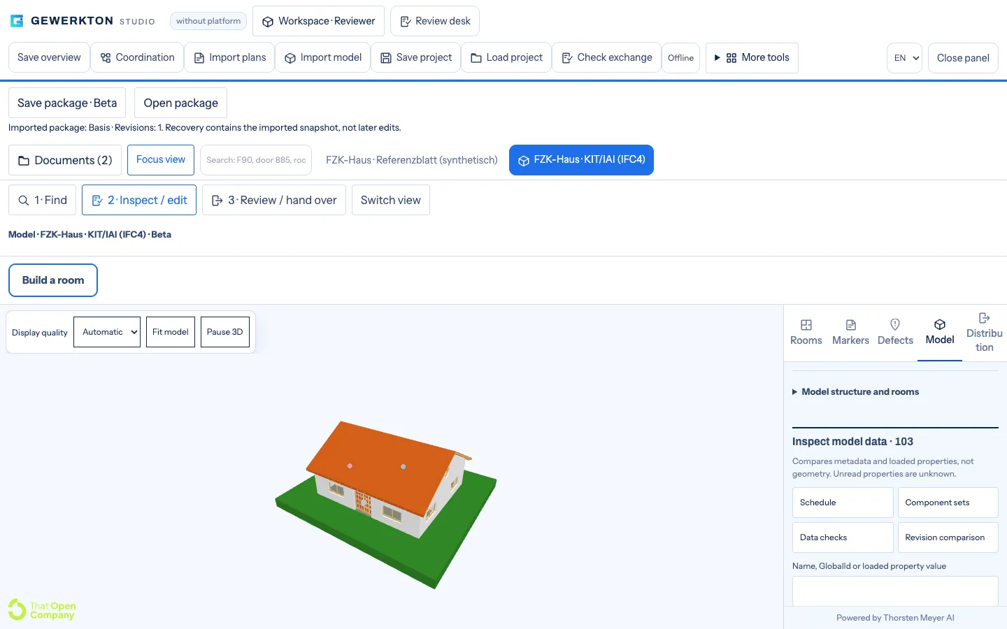 Gewerkton Studio with an English interface showing the IFC model of a small detached house in 3D, defect pins above the roof and the Inspect model data panel on the right